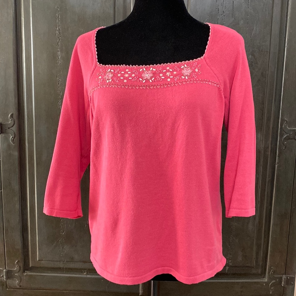Vtg Erika pink 1/4 length sleeves sweater w/embroidered floral & sequins -Size L